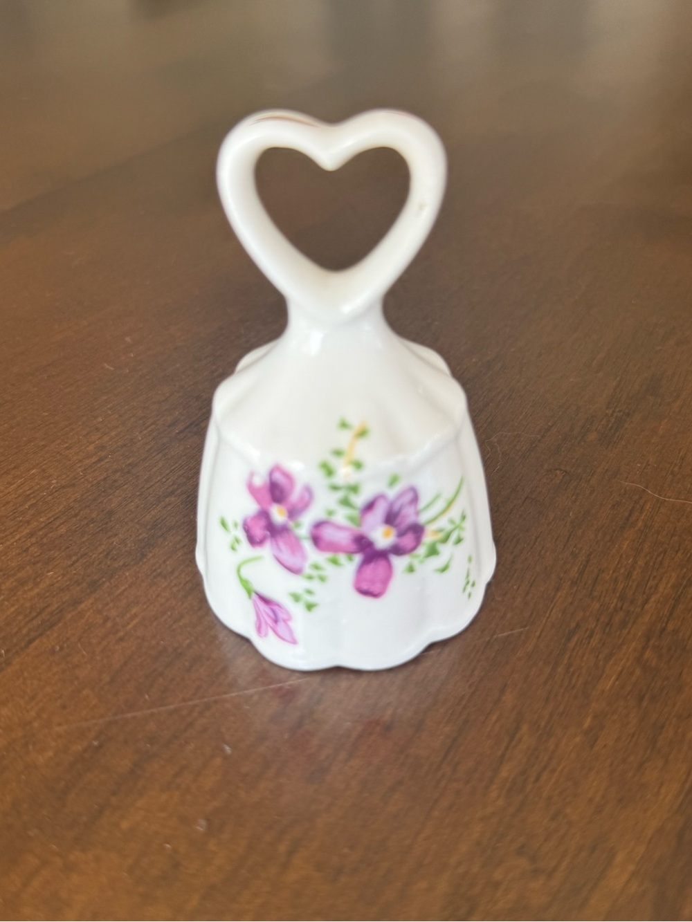 Decorative Ceramic Floral Bell Heart Handle Purple Flowers Collectible